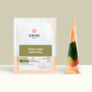 50g bag of Imperial Jasmine Tea next to side profile of the bag 