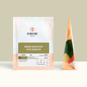 50g bag of Organic Sencha Kyoto tea, next to the side profile of the bag