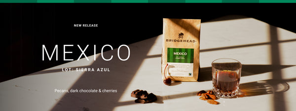 New Release Mexico. Lot: Sierra Azul. Tasting notes of pecans, dark chocolate and cherries